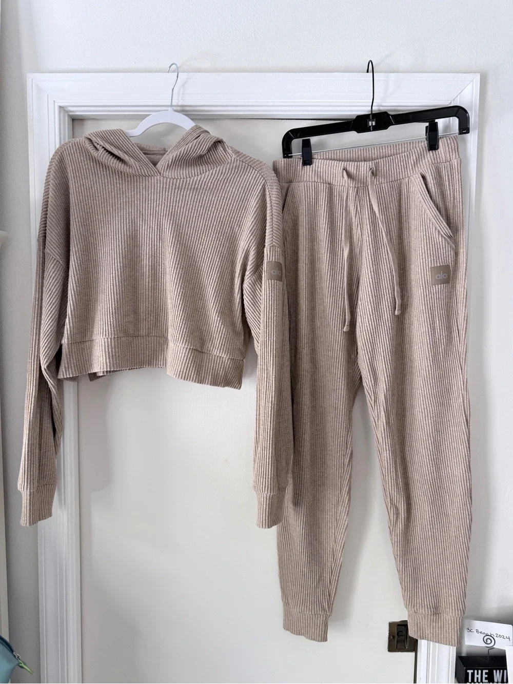 Alo Muse Cropped Hooded Ribbed Knit Sweater & Joggers set - Picture 6 of 7
